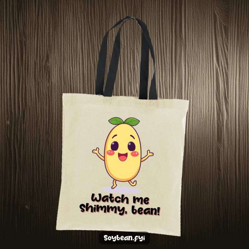 Funny soybean tote bag with an excited anthropomorphic character doing a happy shuffle, perfect for carrying items with energy.