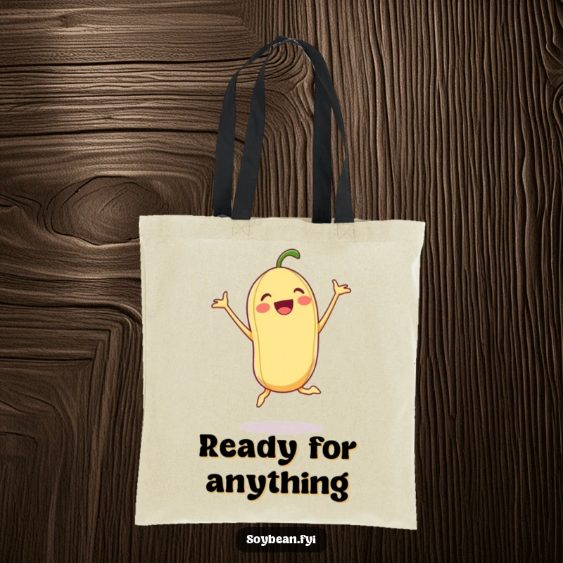 Funny Soybean Tote Bag: An excited soybean doing a jumping jack on a tote bag, perfect for active lifestyle humor.