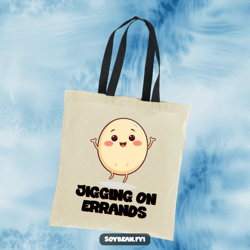 Funny tote bag featuring a happy soybean character energetically doing a little jig, perfect for carrying fun.