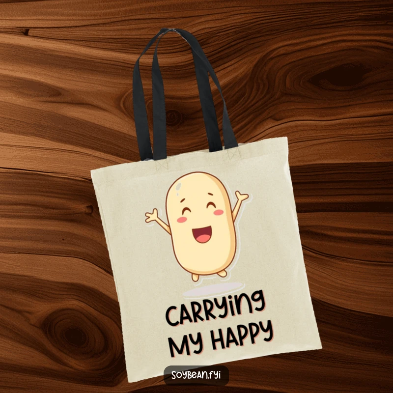 Funny tote bag illustrating a jubilant soybean character in a mid-leap, conveying boundless energy and happiness.