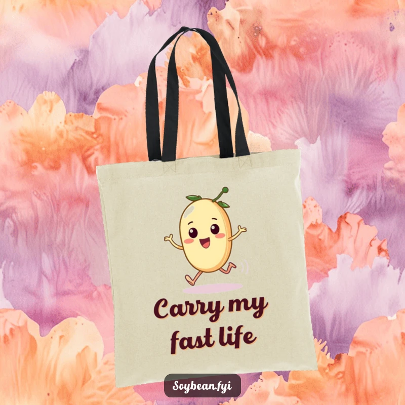 Funny tote bag with a kawaii soybean comically sprinting on tiny legs, a practical and humorous accessory for errands, a great funny gift.