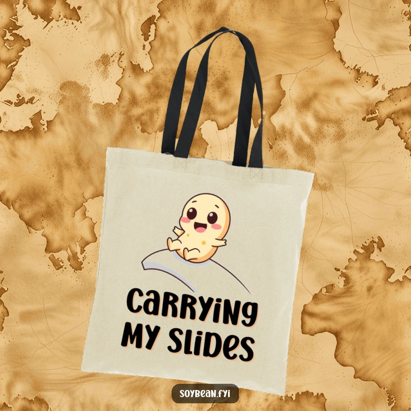 Funny kawaii soybean tote bag showcasing a cute character playfully sliding down a ramp, perfect for carrying essentials with style.