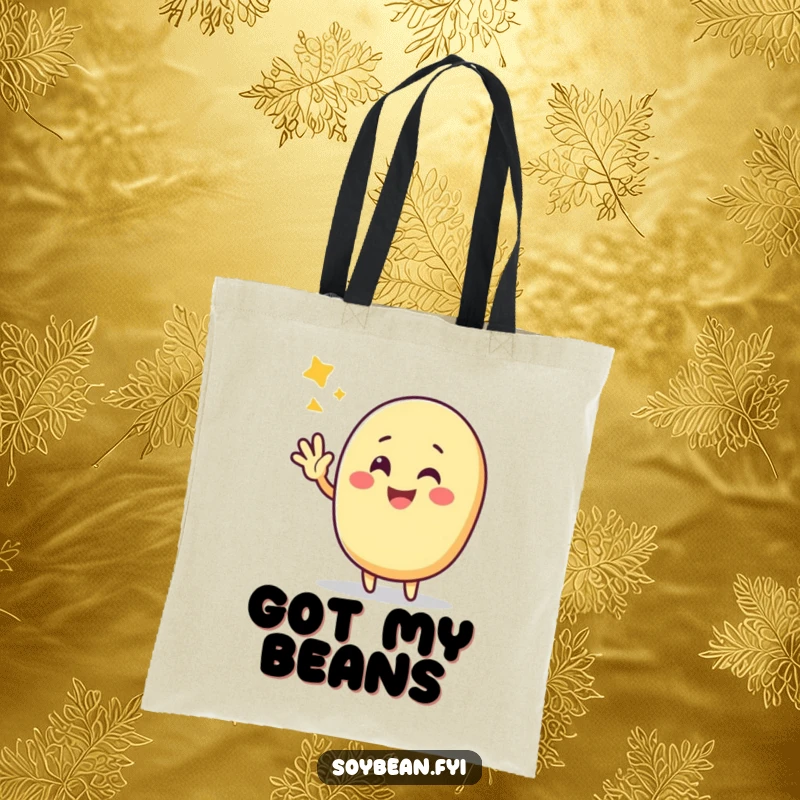 Funny Kawaii soybean character with a cheerful expression, waving triumphantly on this charming tote bag.