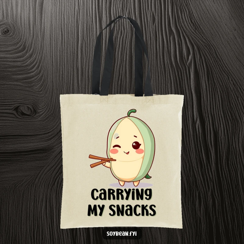 Funny tote bag illustrating a kawaii soybean character giving a knowing wink while holding a chopstick, embodying playful charm and wit.