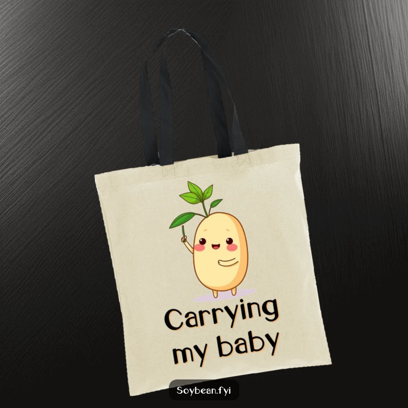 Funny tote bag featuring a proud soybean character triumphantly holding a tiny sprout, symbolizing achievement.