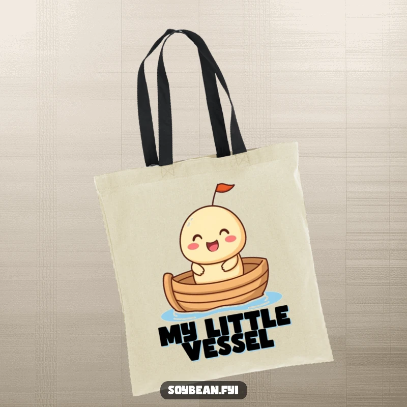 Funny Tote Bag: A happy soybean with a cheerful expression sailing in a tiny boat, perfect for carrying items with a dash of humor.