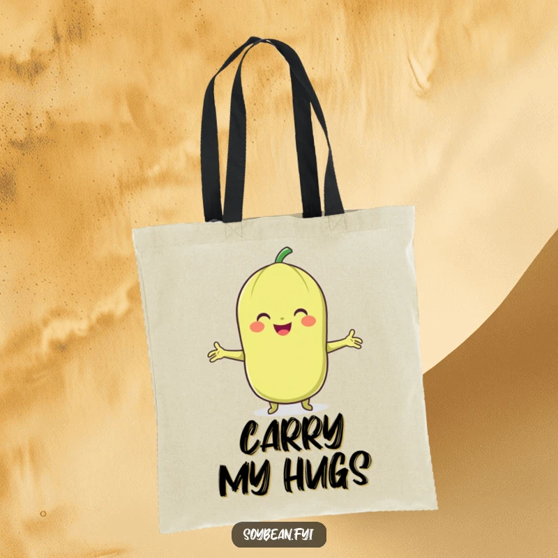Funny Soybean Tote Bag: A smiling soybean character with arms outstretched, offering a welcoming hug.
