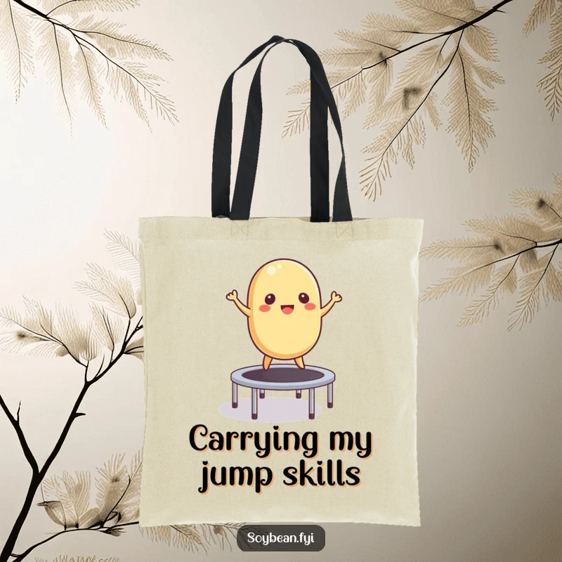 Funny Tote Bag: A lively soybean leaping on a trampoline, perfect for carrying groceries or daily essentials with humor.