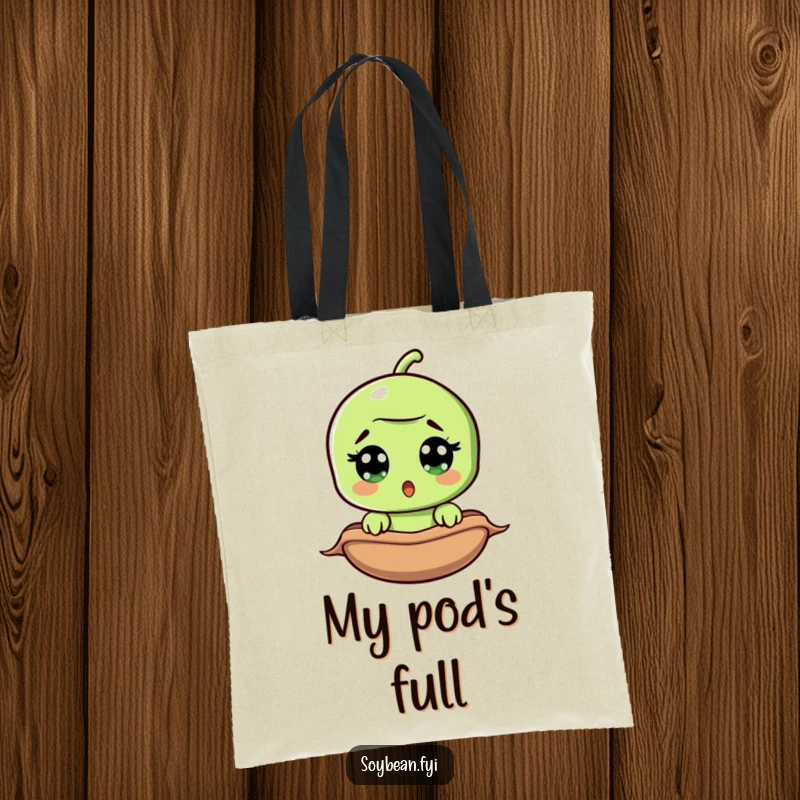 Funny surprised soybean tote bag, wide-eyed bean peeking from pod, durable and stylish, perfect for market trips.