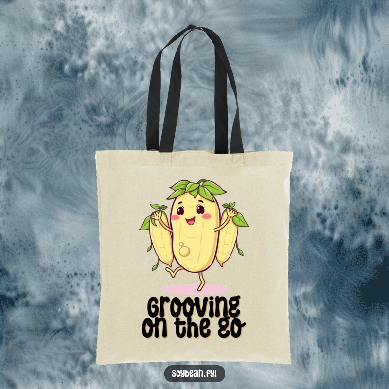 Funny tote bag showcasing a happy soybean character doing a little jig with its bean pods in sync, perfect for carrying items with rhythm.