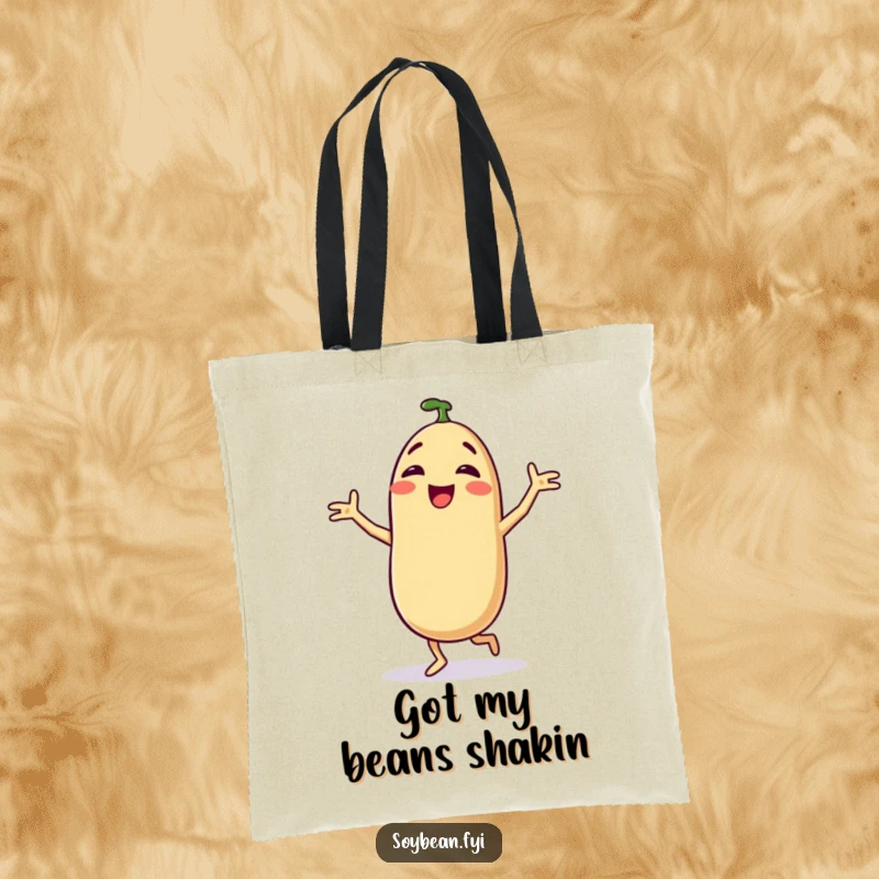 Funny tote bag with a delighted anthropomorphic soybean doing a silly dance, ideal for carrying groceries with humor.