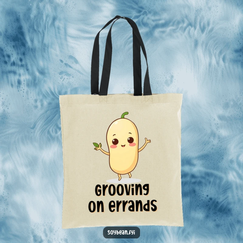 Funny tote bag with a happy soybean character dancing with its leafy arms, perfect for carrying essentials with a dose of fun.