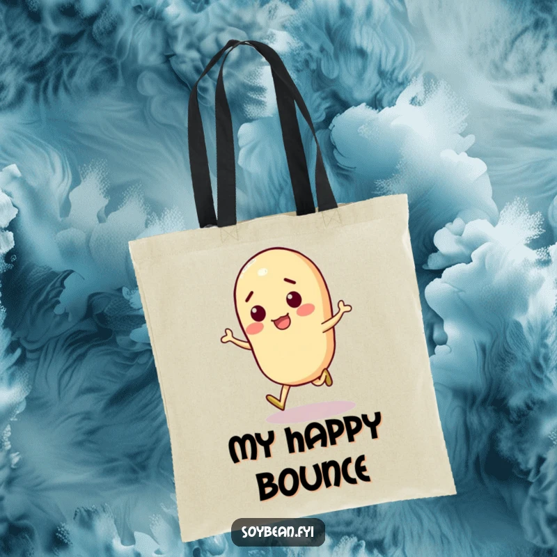 Funny Soybean Tote Bag featuring a happy soybean character in a playful skip, ideal for everyday adventures.