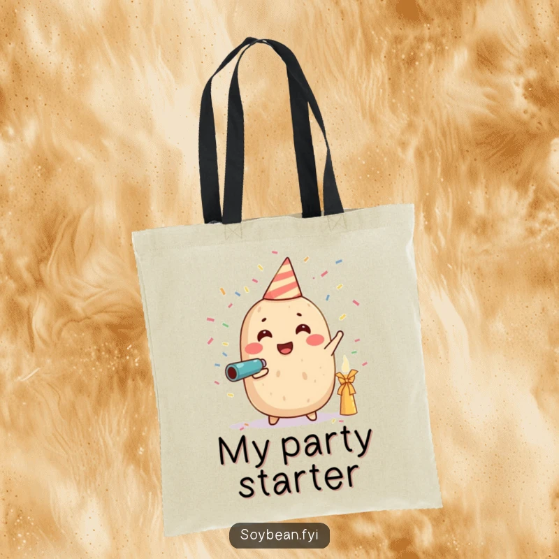 Funny tote bag designed with a cheerful soybean character shooting a confetti cannon, perfect for carrying party supplies or everyday items.
