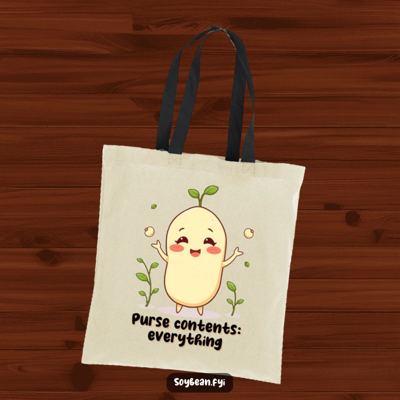 Funny happy soybean tote bag grinning while juggling tiny sprouts, perfect for carrying essentials with style, a wonderful funny gift.